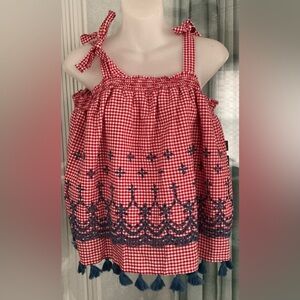Crown & Ivy Gingham Tassel Trim Bow Tie Strap Tank